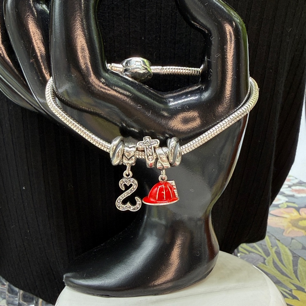 ⭐️KAY JEWELERS CHARMED MEMORIES BRACELET AND 5 CHARMS FIREFIGHTER CROSS STERLING